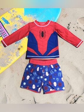 Marvel Spider-Man Boys 18M or 2T Rash Guard Swim Trunks Set UPF 50 NWT Red Blue